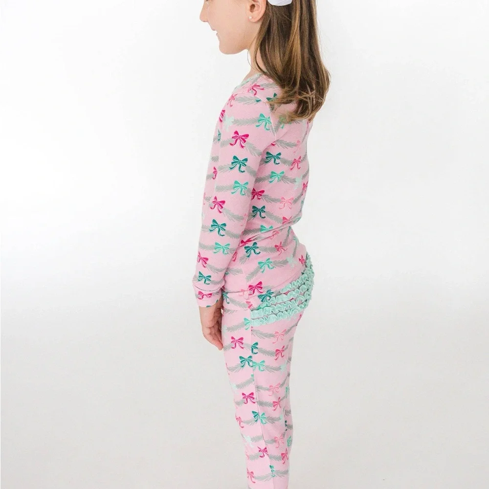 Rufflebutts Charming Pink Bow Print Kids Pajama Set 18-24 months 3T 4T